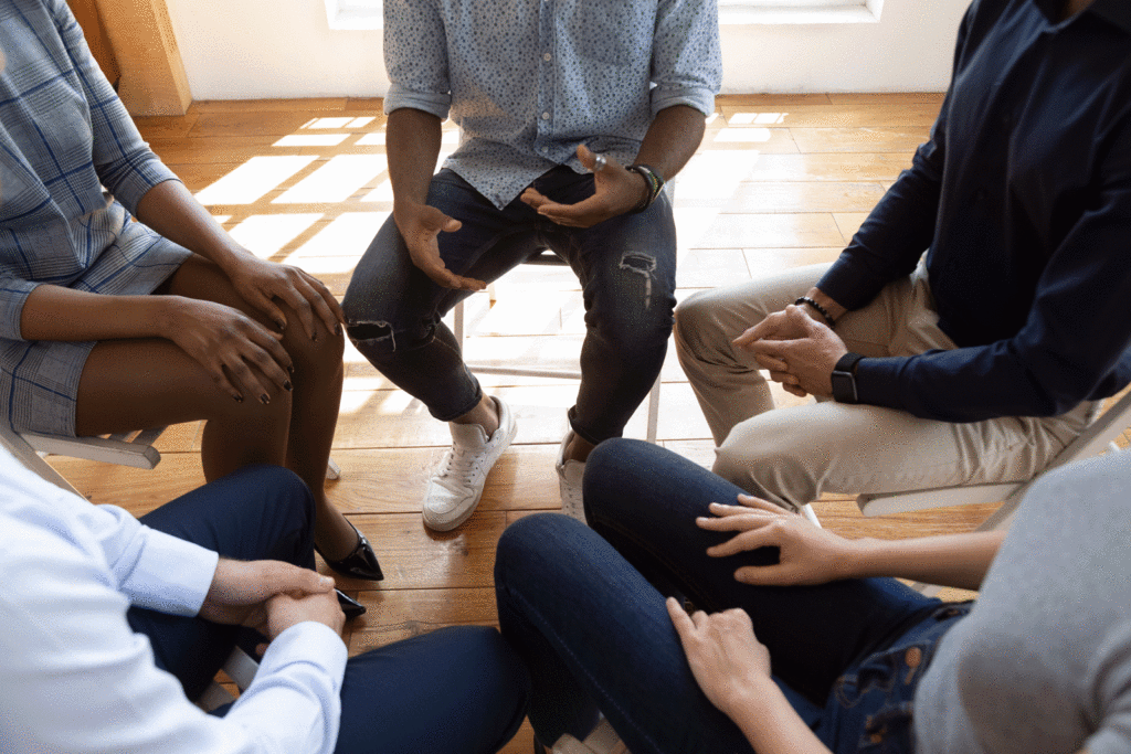 Group of people siting in chairs in a circle